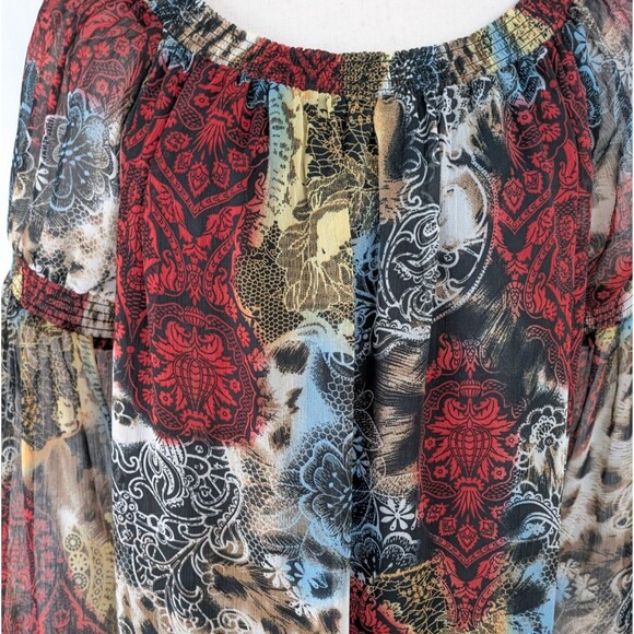 Alberto Makali Sheer Top Women's LG Abstract Floral Bishop Sleeves - Picture 2 of 7